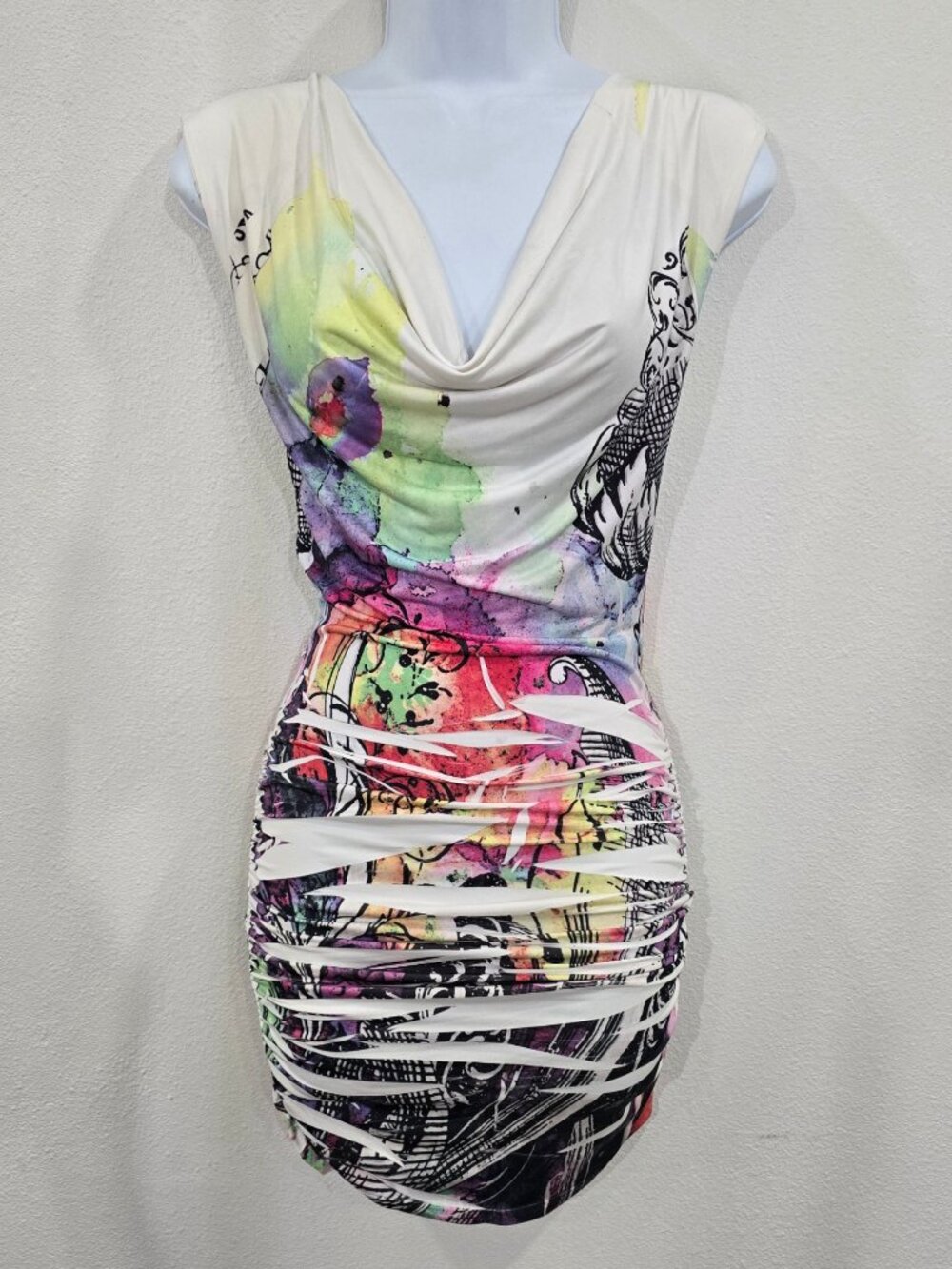 Cesarina ✦ Abstract Multicolor Cowl Neck Dress ✦ Lace Back Ruched Sides S - Picture 2 of 13